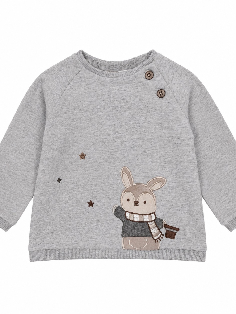 Mayoral Grey Bunny Appliqué Pullover with Button Shoulder